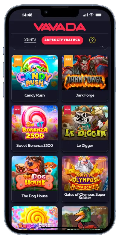 Каталог популярних слотів у мобільному додатку Вавада: Candy Rush, Dark Forge, Sweet Bonanza 2500, Le Digger, The Dog House, Gates of Olympus Super Scatter